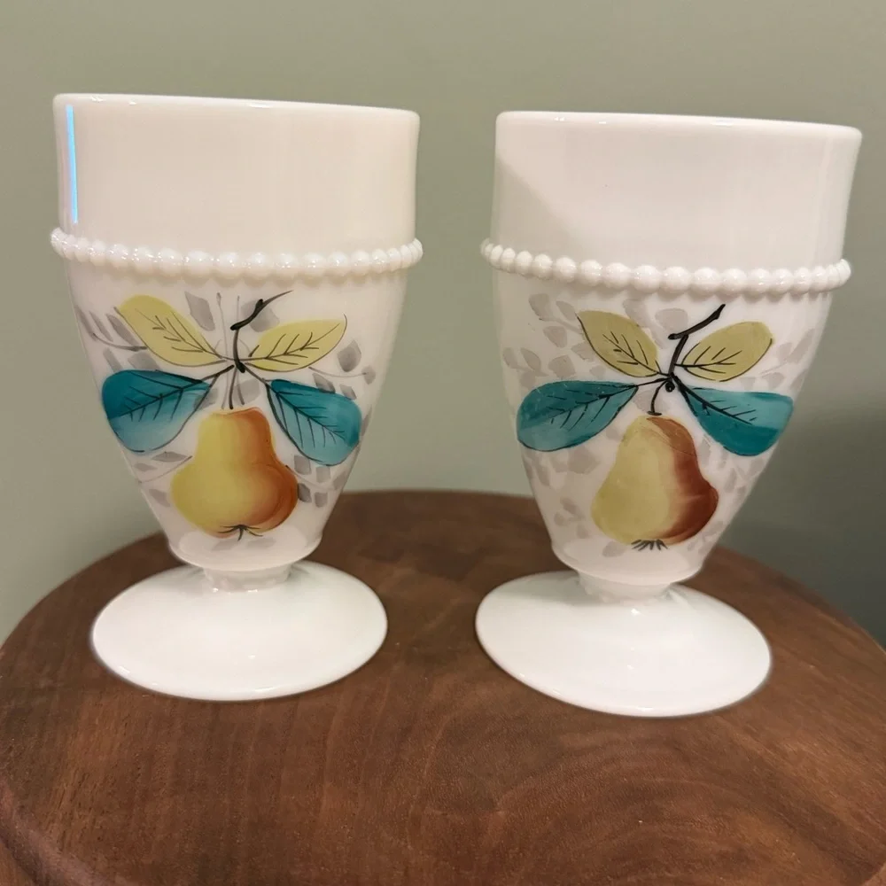 Westmoreland Beaded Edge Milk Glass Two Pedestal Fruit Dessert Cups Pear Vintage